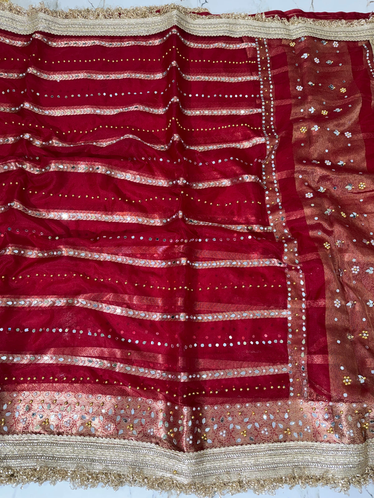 Banarasi Soft Kora Silk Saree With Mirror And Pearl Work