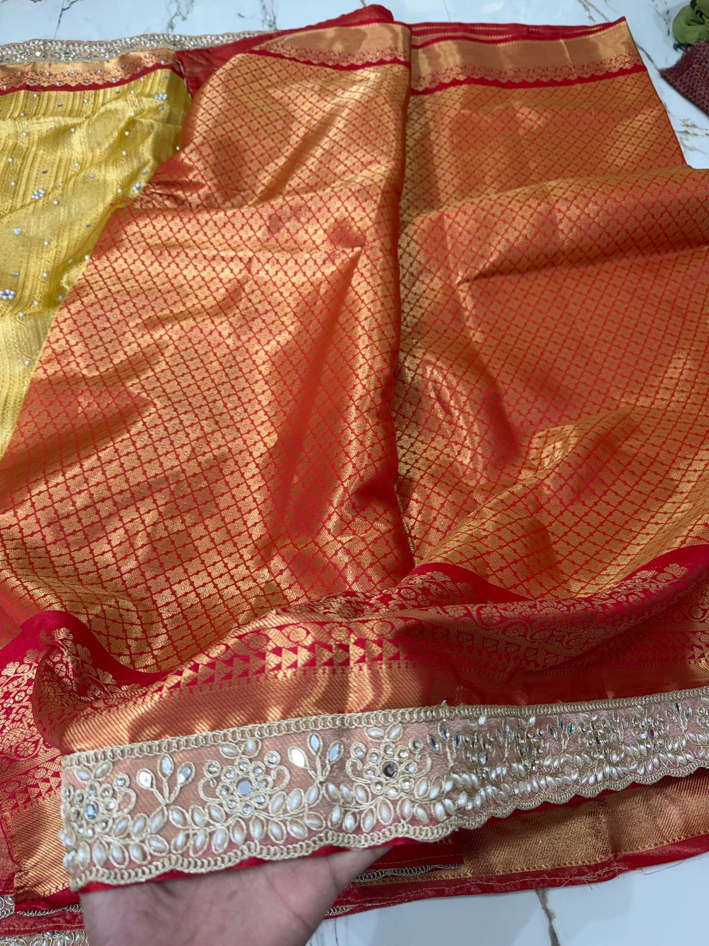 Banarasi Soft Tissue Silk Saree With Mirror And Pearl Work