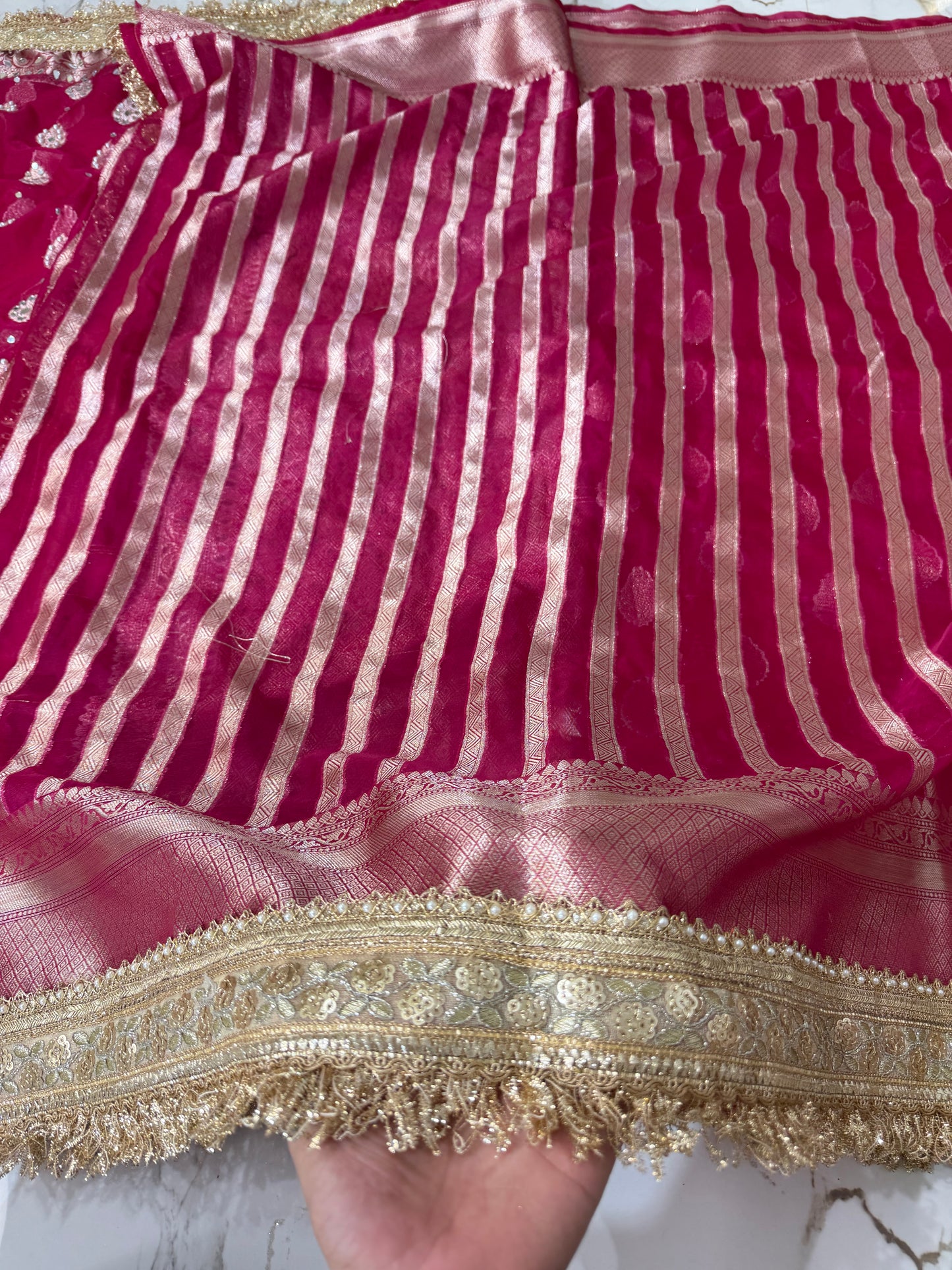 Banarasi Soft Kora Silk Saree With Mirror And Pearl Work