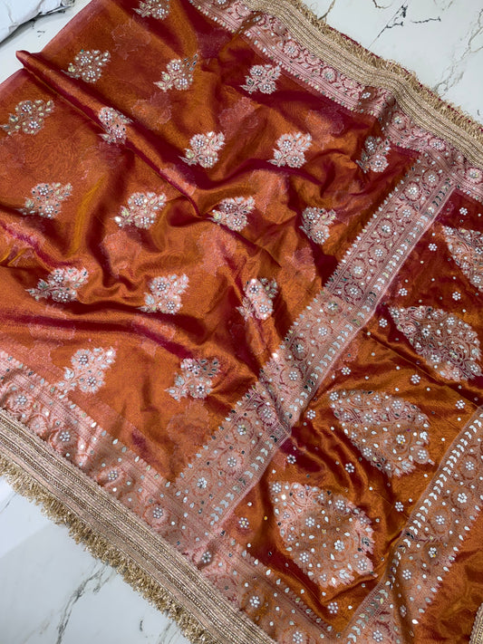 Banarasi Soft Tissue Silk Saree With Mirror And Pearl Work