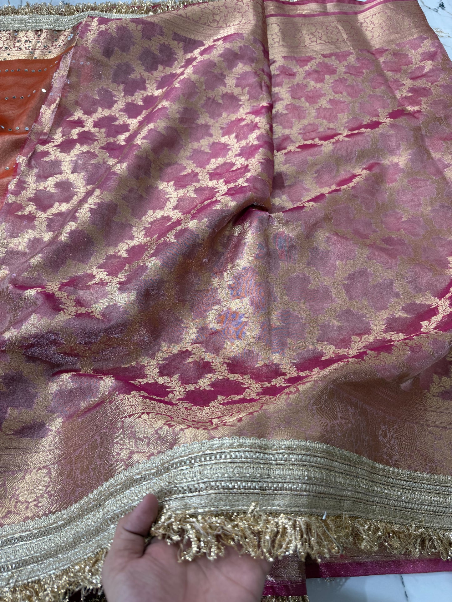Banarasi Soft Tissue Silk Saree With Mirror And Pearl Work