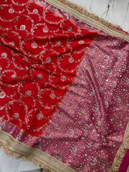Banarasi Soft Semi Georgette Silk Saree With Mirror And Pearl Work