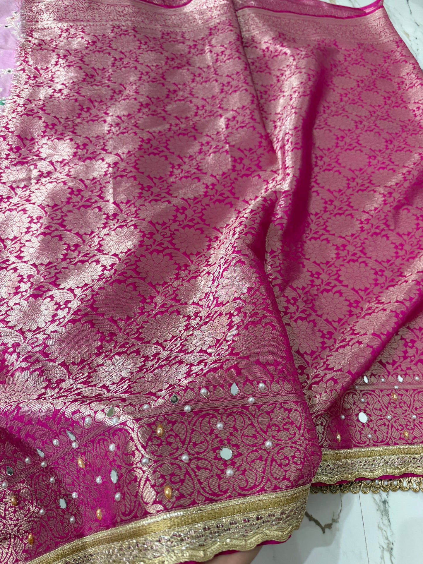 Banarasi Soft Georgette Silk Saree With Mirror And Pearl Work