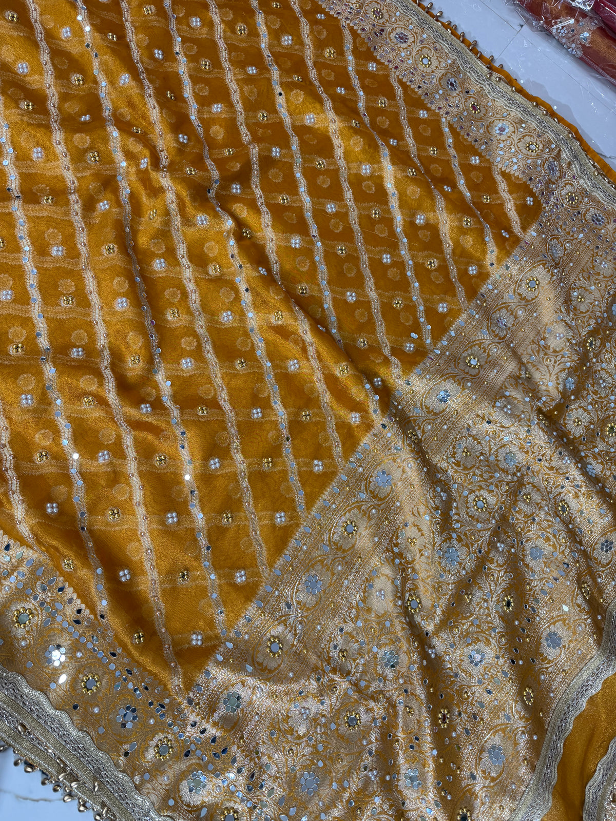 Banarasi Soft Tissue Silk Saree With Mirror And Pearl Work