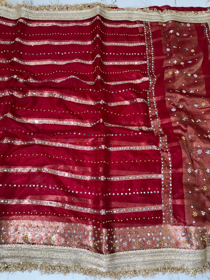 Banarasi Soft Kora Silk Saree With Mirror And Pearl Work