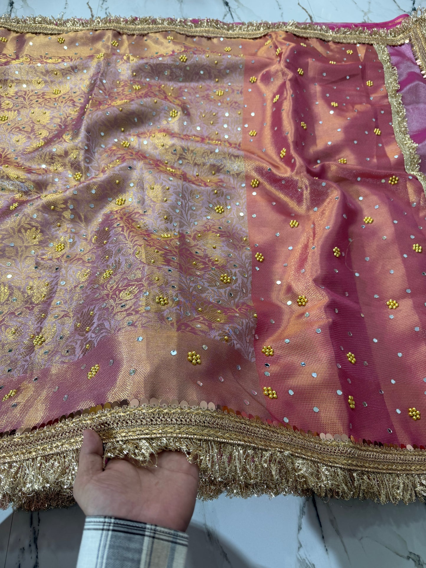 Banarasi Soft Tissue Silk Saree With Mirror And Pearl Work