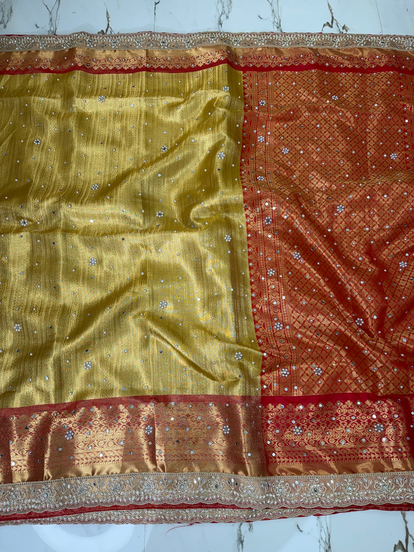 Banarasi Soft Tissue Silk Saree With Mirror And Pearl Work