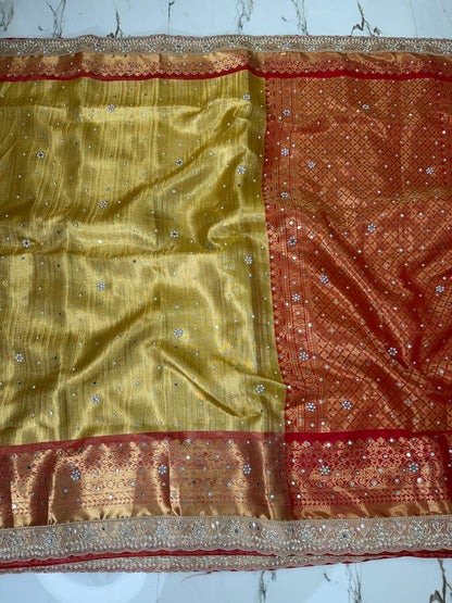 Banarasi Soft Tissue Silk Saree With Mirror And Pearl Work