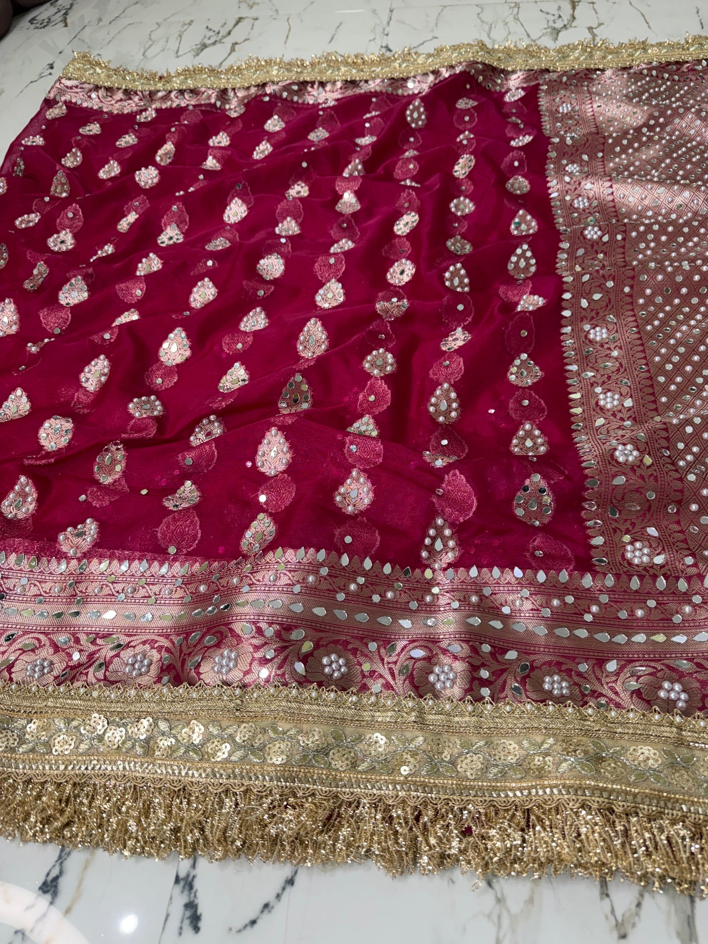 Banarasi Soft Kora Silk Saree With Mirror And Pearl Work