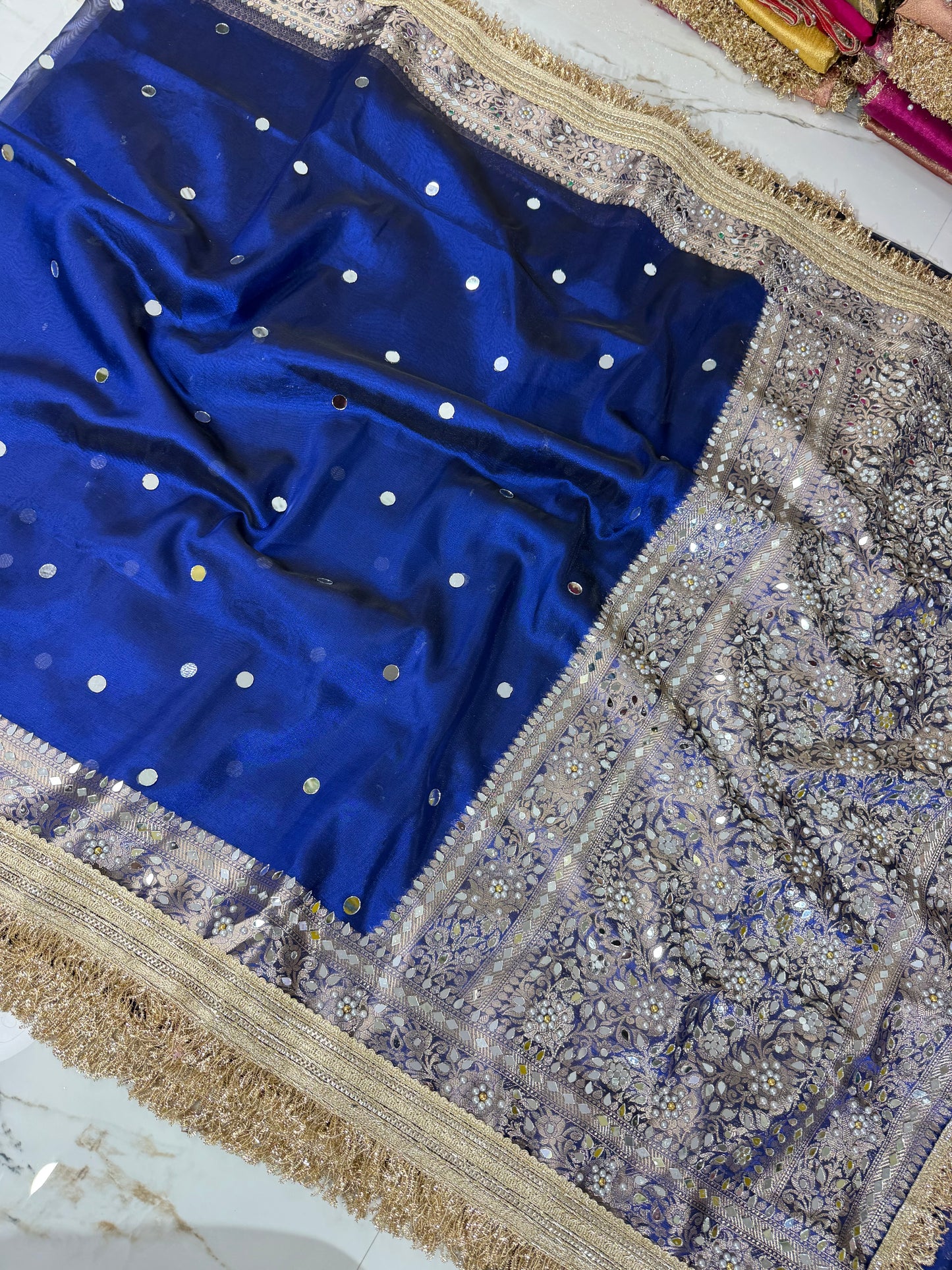 Banarasi Soft Tissue Silk Saree With Mirror And Pearl Work