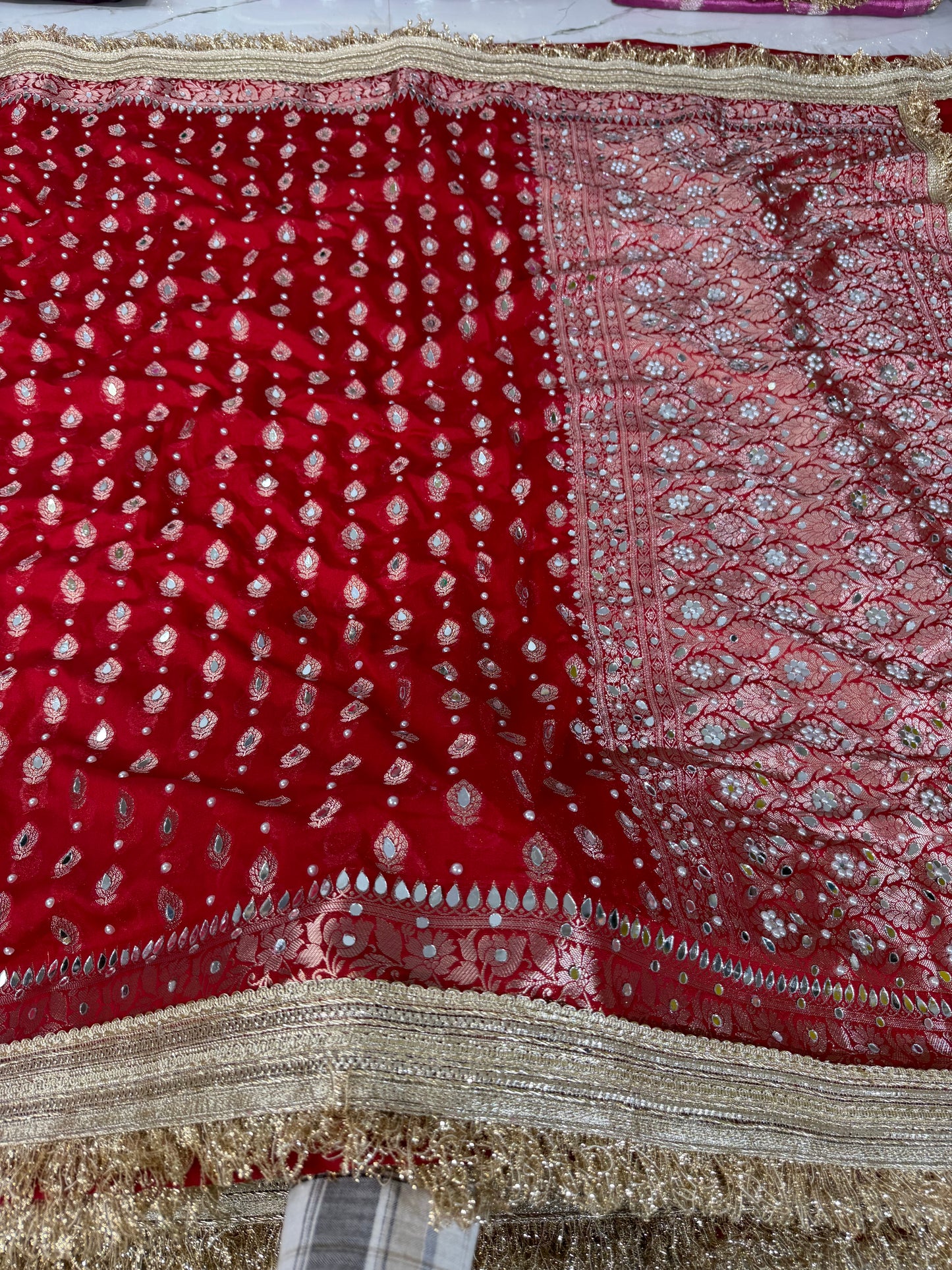 Banarasi Soft Georgette Silk Saree With Mirror And Pearl Work