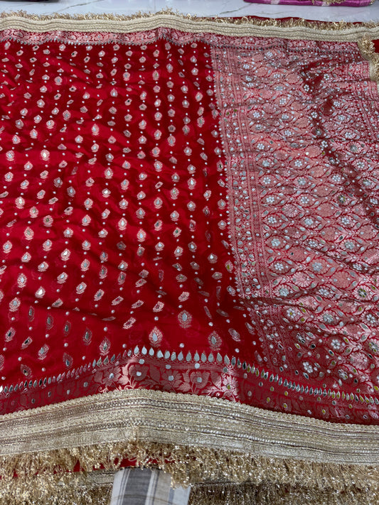 Banarasi Soft Georgette Silk Saree With Mirror And Pearl Work