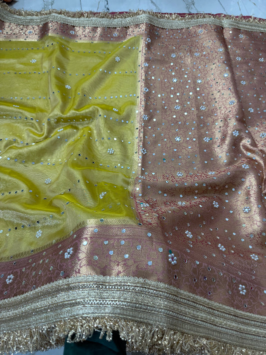Banarasi Soft Tissue Silk Saree With Mirror And Pearl Work