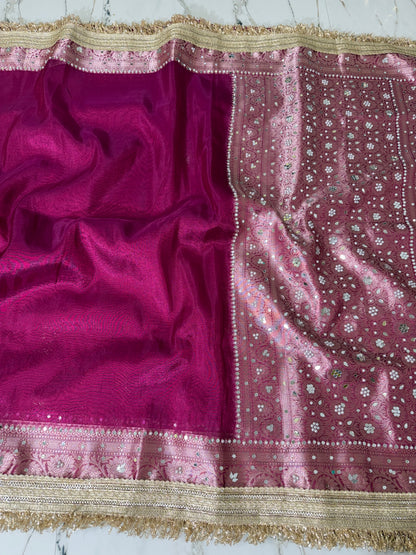 Banarasi Soft Tissue Silk Saree With Mirror And Pearl Work