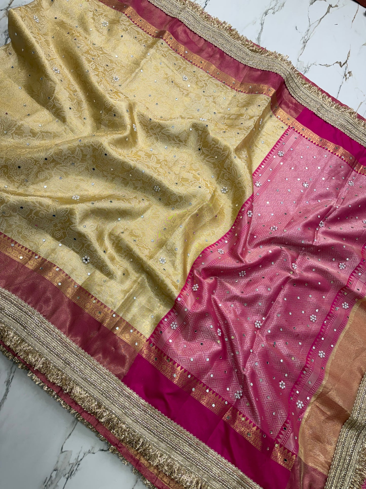 Banarasi Soft Tissue Silk Saree With Mirror Work and Pearl Work