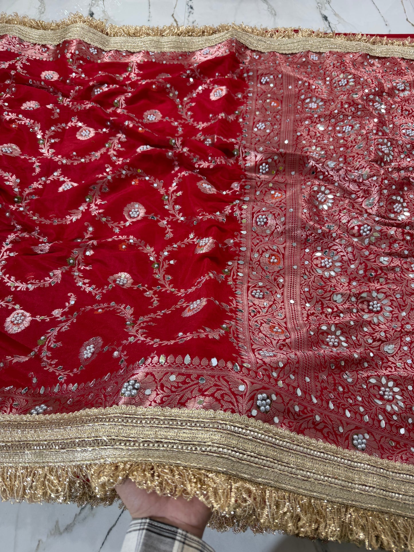 Banarasi Soft Semi Georgette Silk Saree With Mirror And Pearl Work