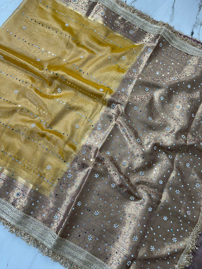 Banarasi Soft Tissue Silk Saree With Mirror And Pearl Work