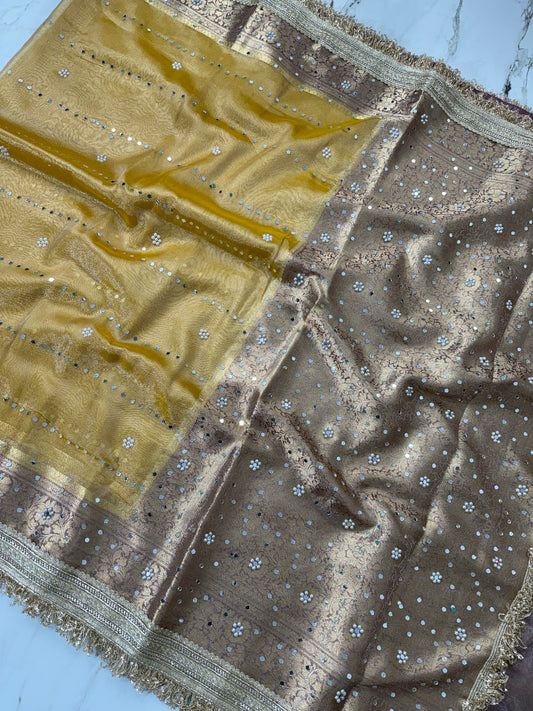 Banarasi Soft Tissue Silk Saree With Mirror And Pearl Work