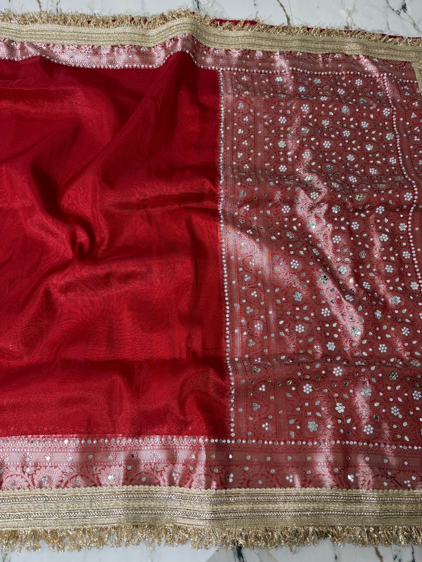 Banarasi Soft Tissue Silk Saree With Mirror And Pearl Work