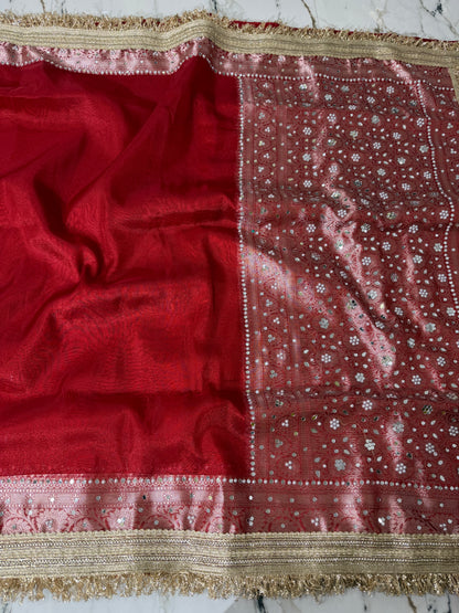 Banarasi Soft Tissue Silk Saree With Mirror And Pearl Work
