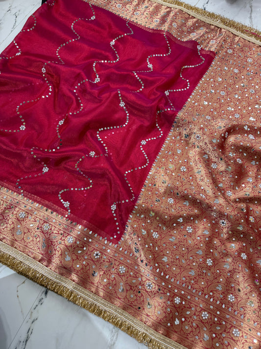 Banarasi Soft Tissue Silk Saree With Mirror And Pearl Work