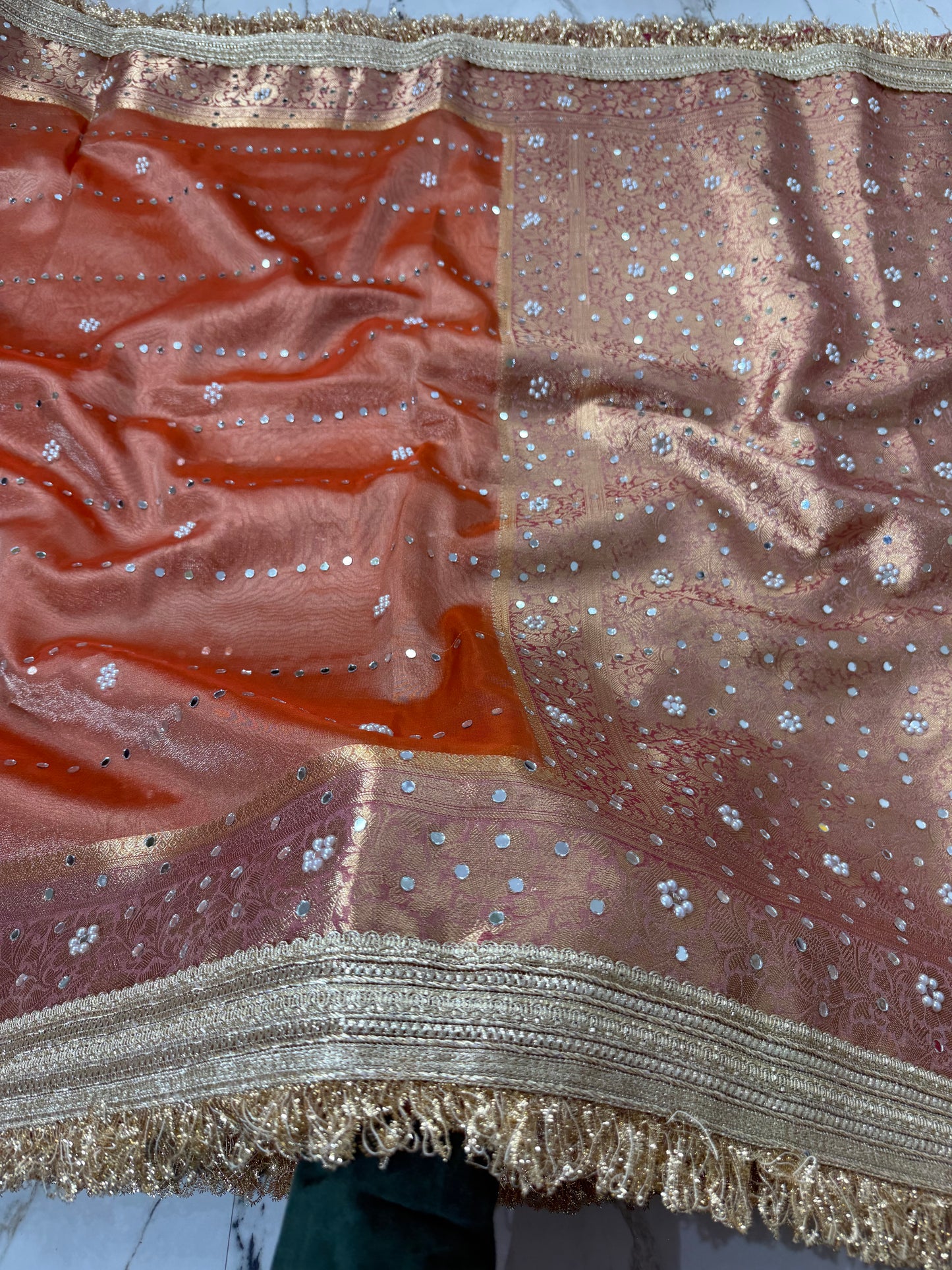 Banarasi Soft Tissue Silk Saree With Mirror And Pearl Work