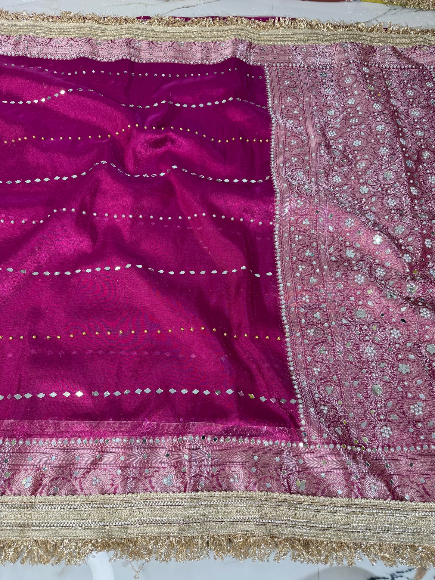 Banarasi Soft Tissue Silk Saree With Mirror And Pearl Work