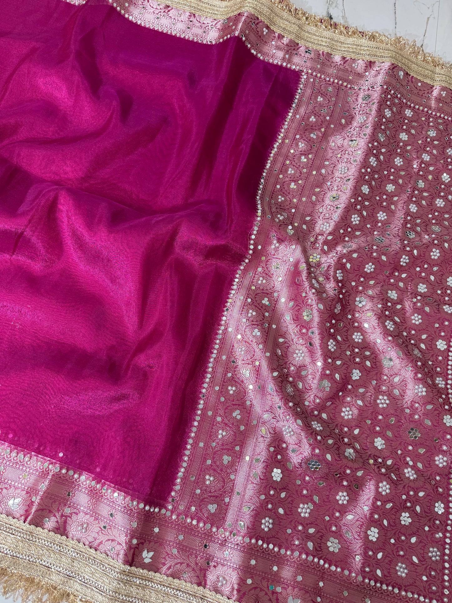 Banarasi Soft Tissue Silk Saree With Mirror And Pearl Work