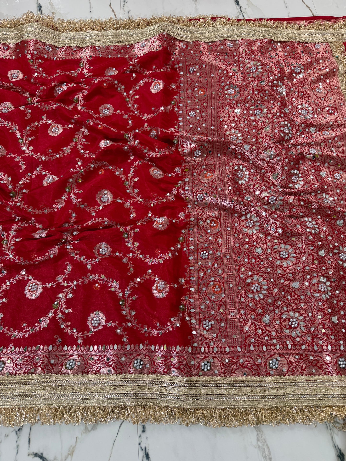 Banarasi Soft Semi Georgette Silk Saree With Mirror And Pearl Work