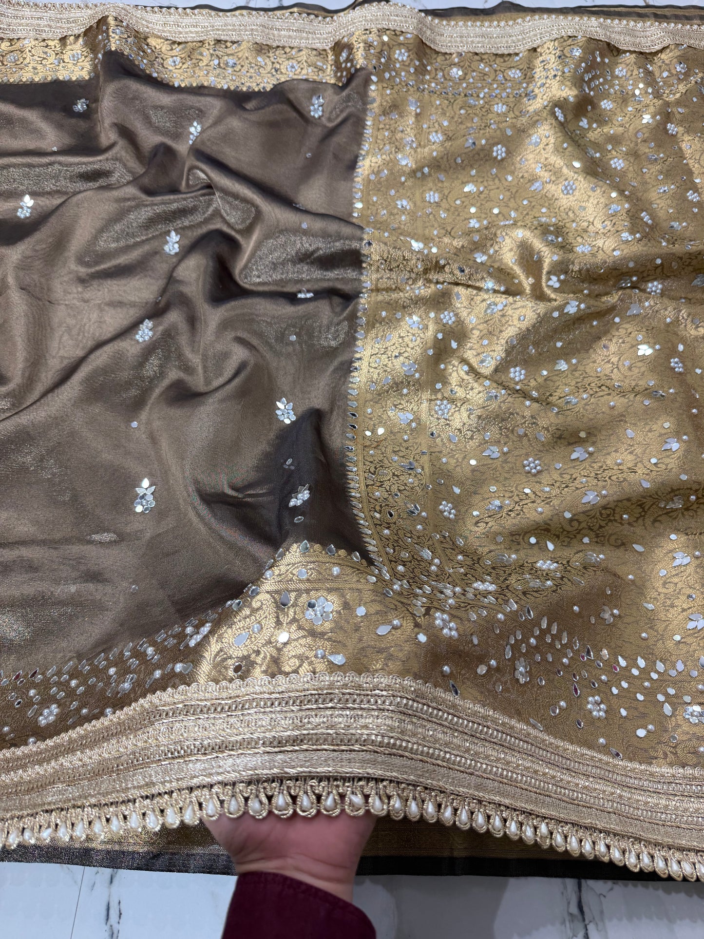 Banarasi Soft Tissue Silk Saree With Mirror And Pearl Work