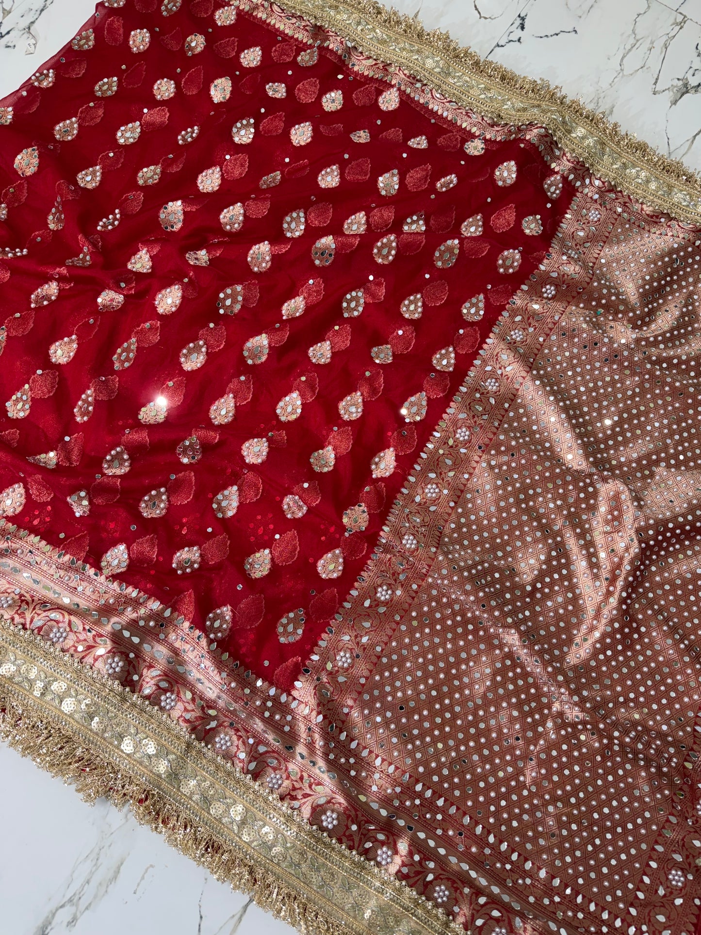 Banarasi Soft Kora Silk Saree With Mirror And Pearl Work