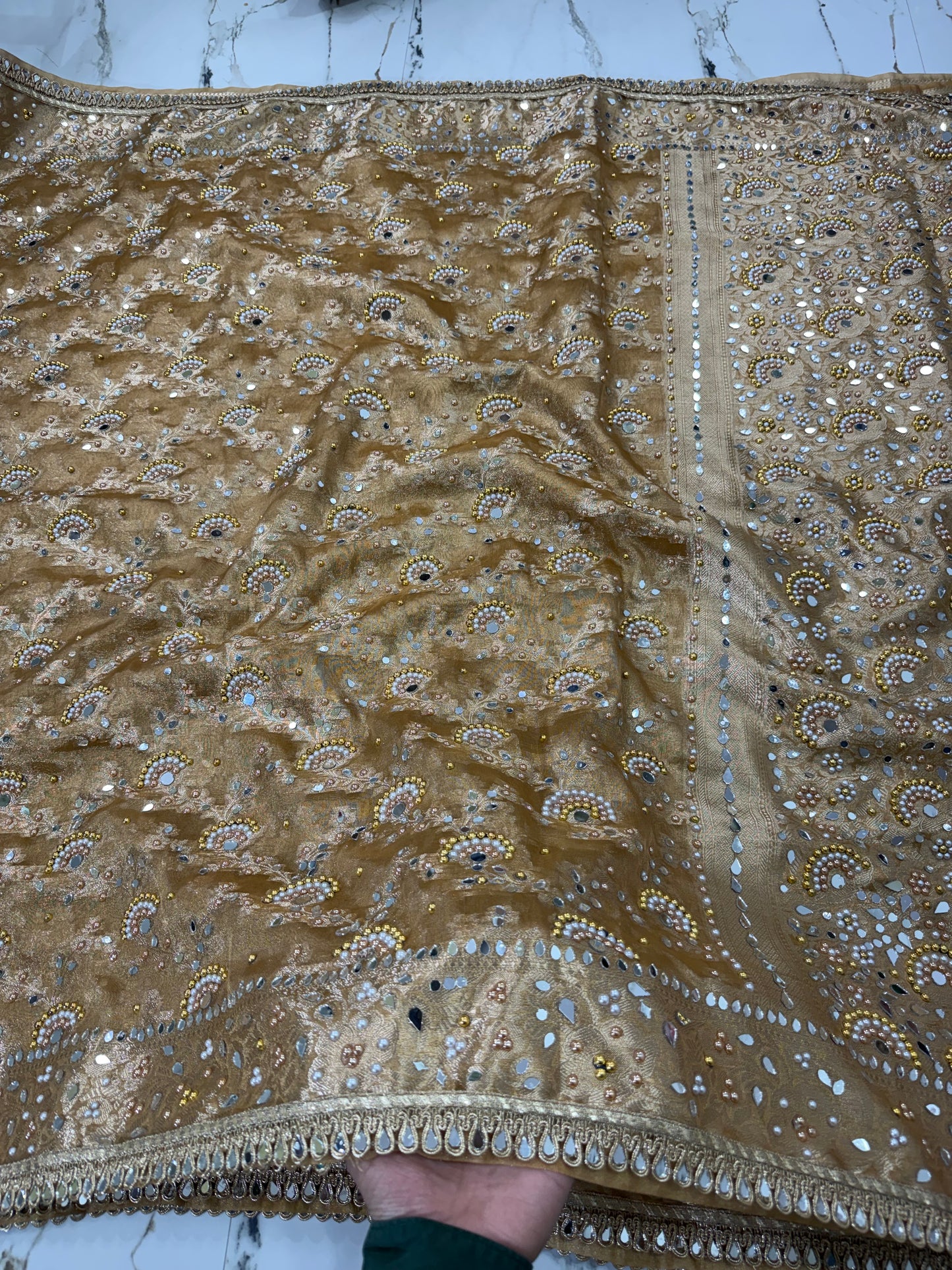 Banarasi Soft Tissue Silk Saree With Mirror And Pearl Work