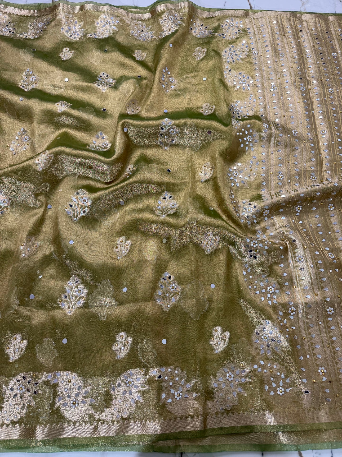Banarasi Soft Tissue Silk Saree With Mirror And Pearl Work