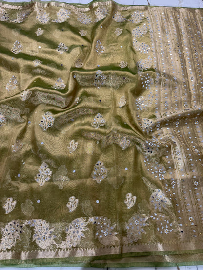 Banarasi Soft Tissue Silk Saree With Mirror And Pearl Work