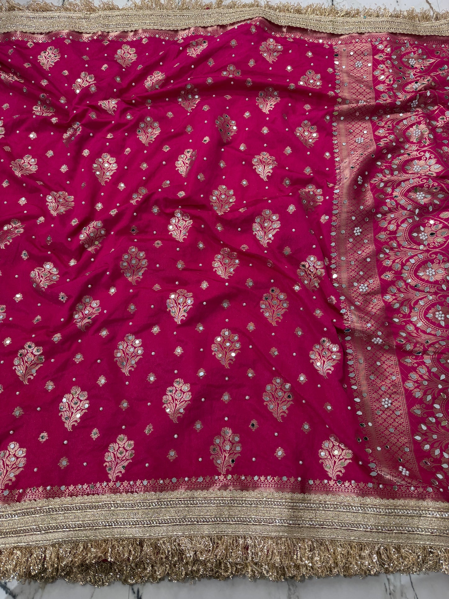 Banarasi Soft Warm Silk Saree With Mirror And Pearl Work