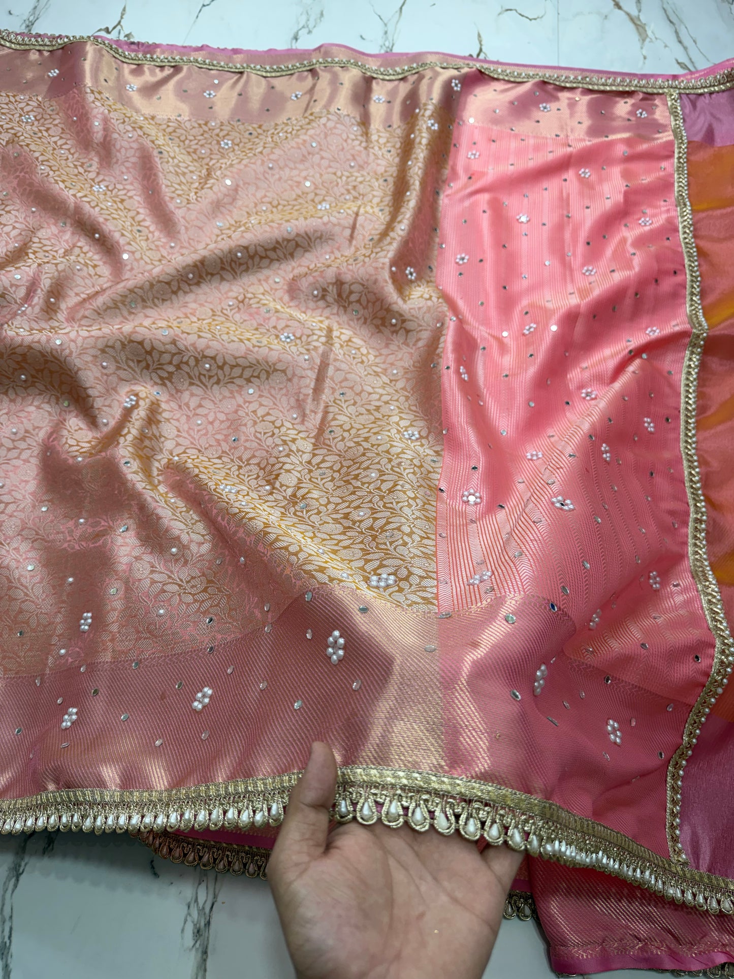 Banarasi Soft Tissue Silk Saree With Mirror Work and Peral Work