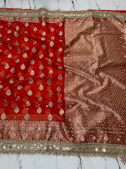 Banarasi Soft Kora Silk Saree With Mirror And Pearl Work