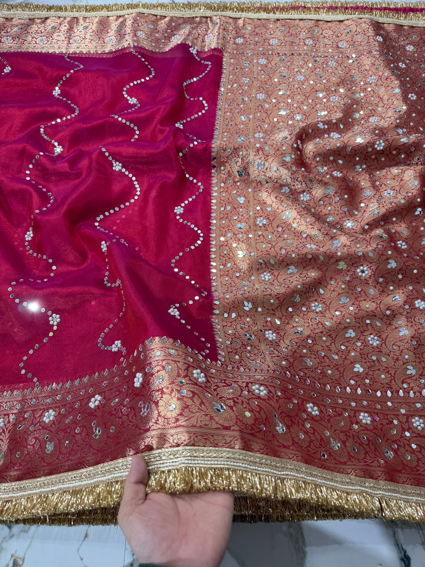 Banarasi Soft Tissue Silk Saree With Mirror And Pearl Work