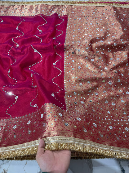 Banarasi Soft Tissue Silk Saree With Mirror And Pearl Work