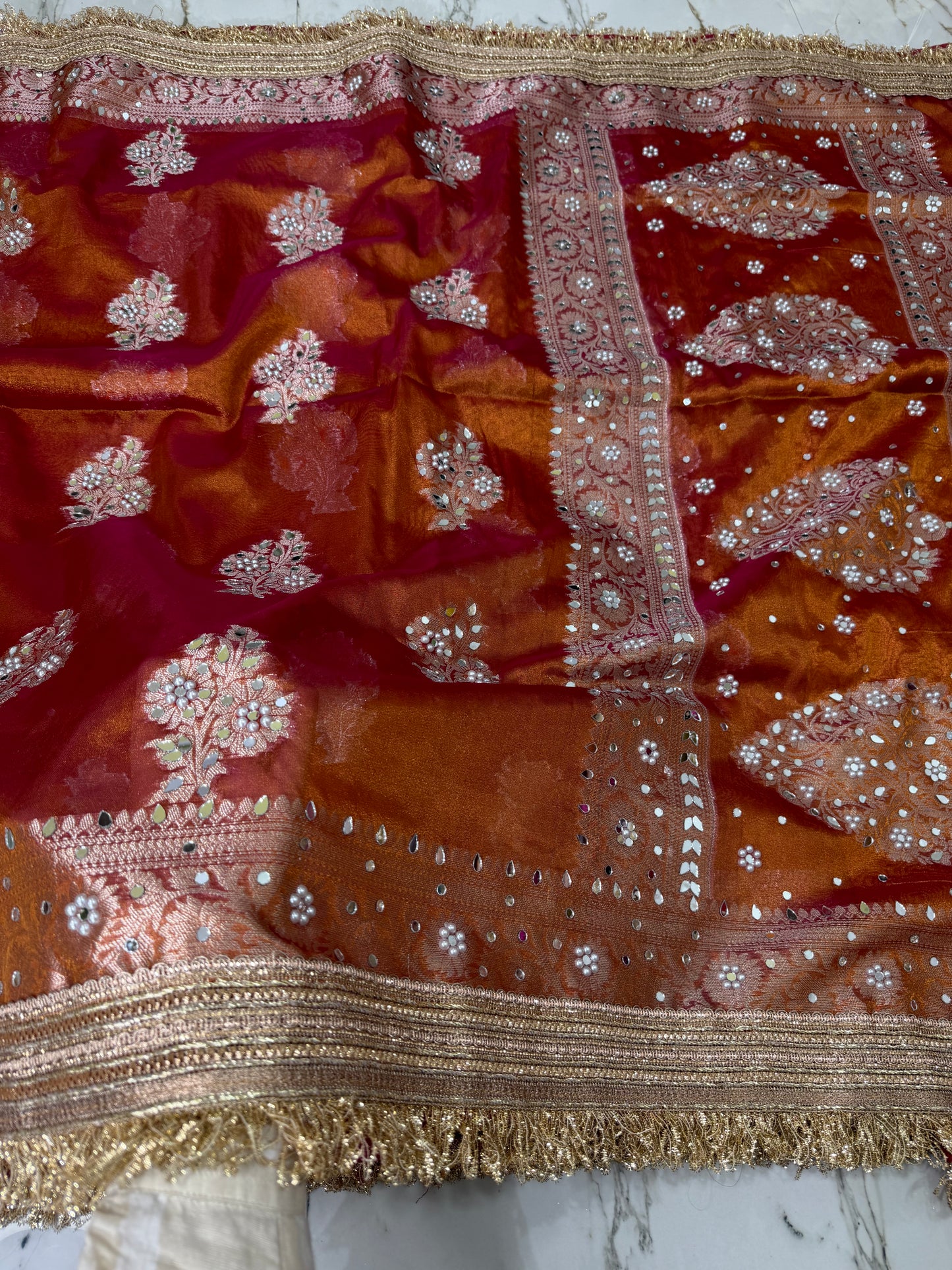 Banarasi Soft Tissue Silk Saree With Mirror And Pearl Work