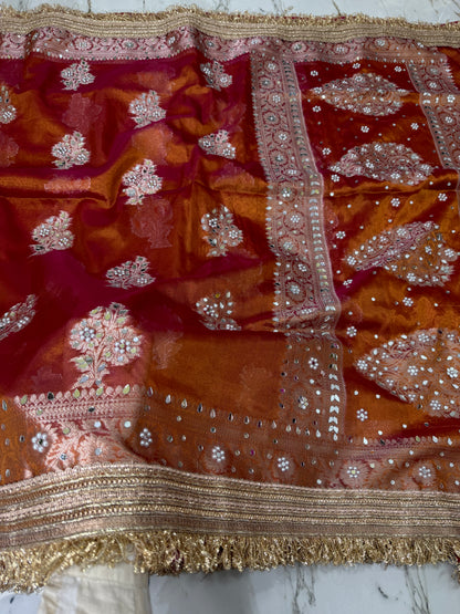Banarasi Soft Tissue Silk Saree With Mirror And Pearl Work