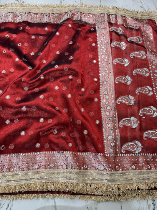 Banarasi Tissue Silk Saree With Mirror And Pearl Work