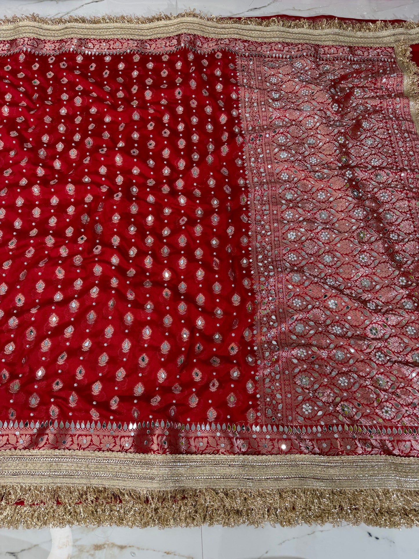 Banarasi Soft Georgette Silk Saree With Mirror And Pearl Work
