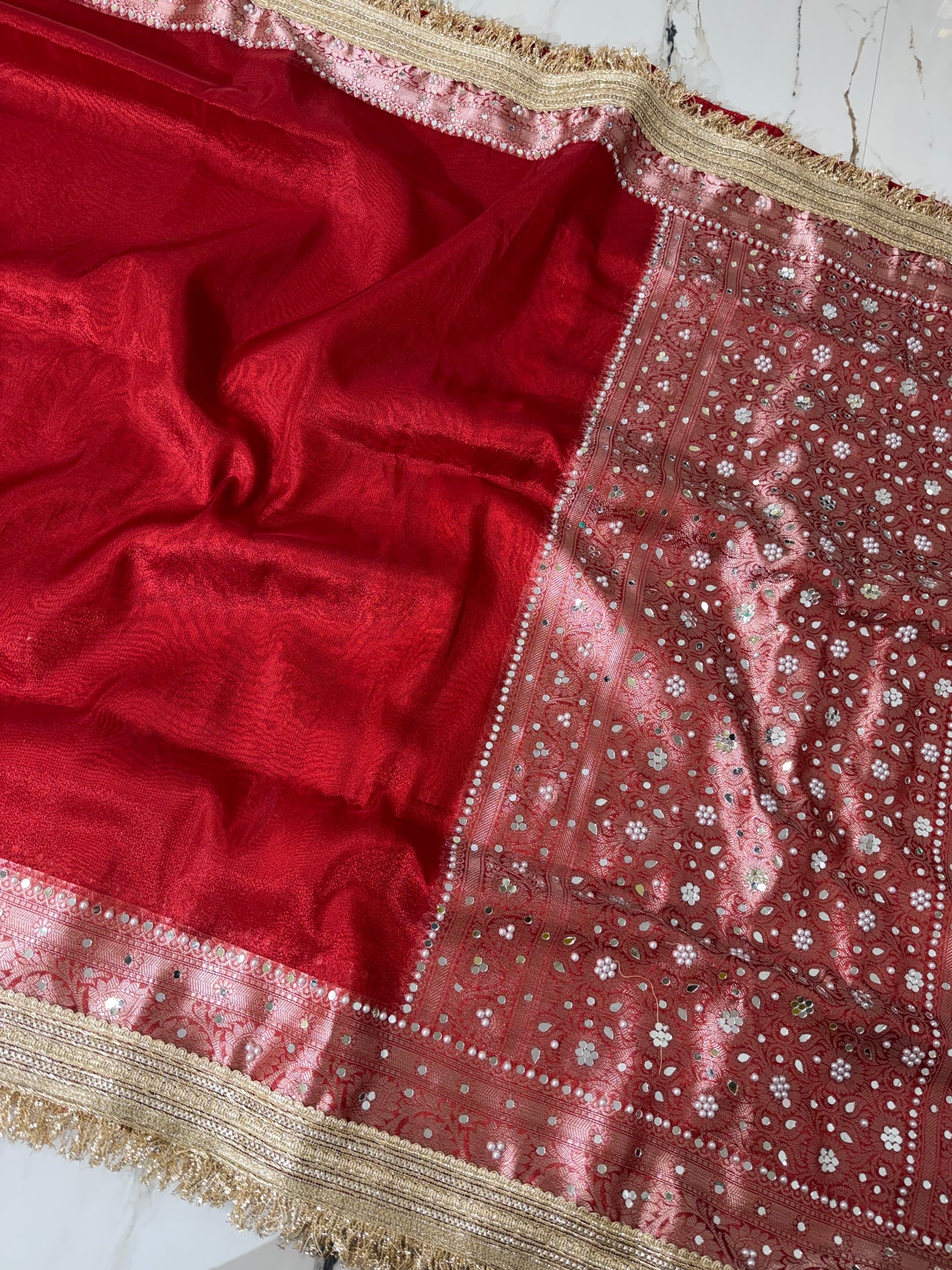 Banarasi Soft Tissue Silk Saree With Mirror And Pearl Work