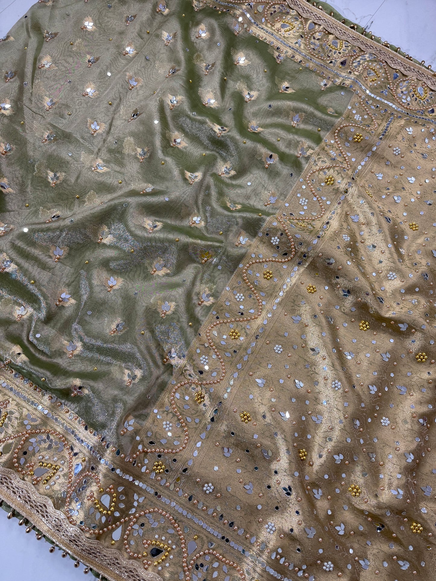 Banarasi Soft Tissue Silk Saree With Mirror And Pearl Work