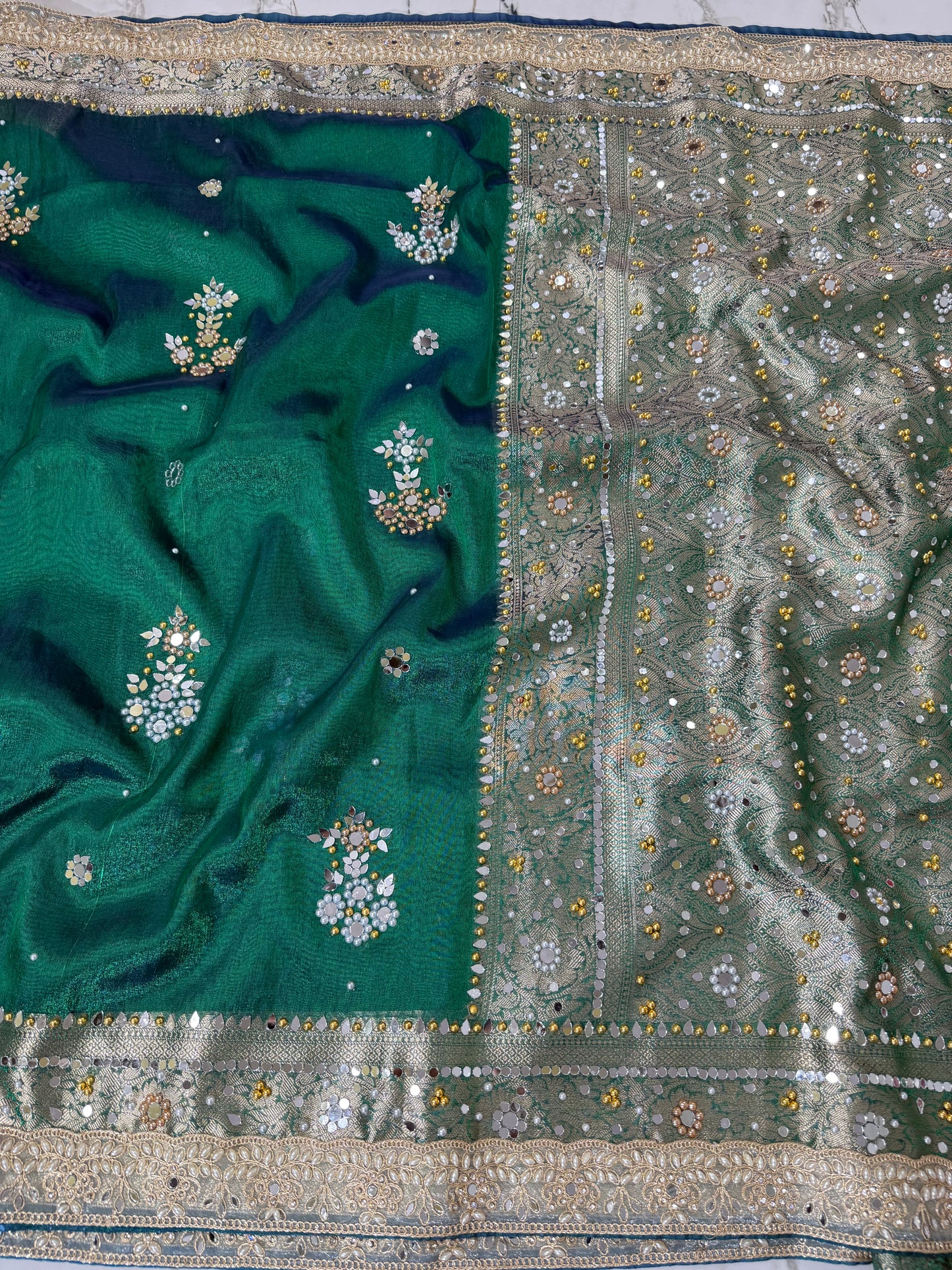 Banarasi Soft Tissue Silk Saree With Mirror And Pearl Work