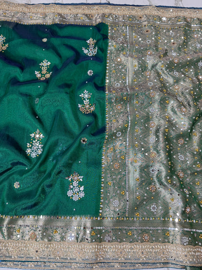 Banarasi Soft Tissue Silk Saree With Mirror And Pearl Work