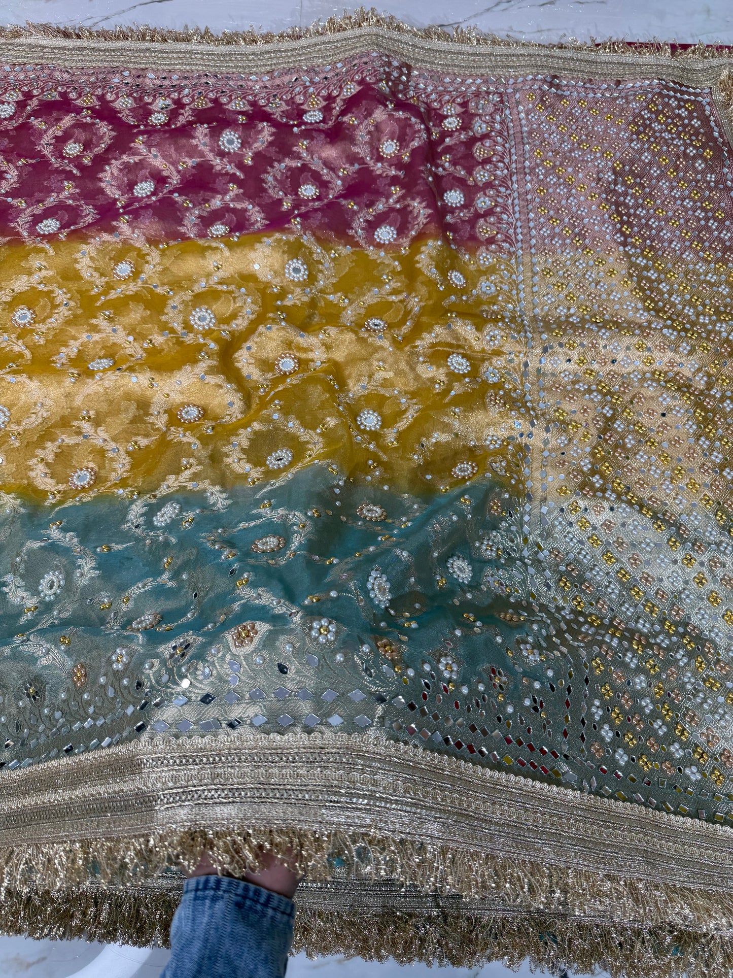 Banarasi Soft Tissue Silk Saree With Mirror And Pearl Work