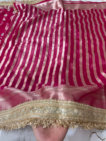 Banarasi Soft Kora Silk Saree With Mirror And Pearl Work