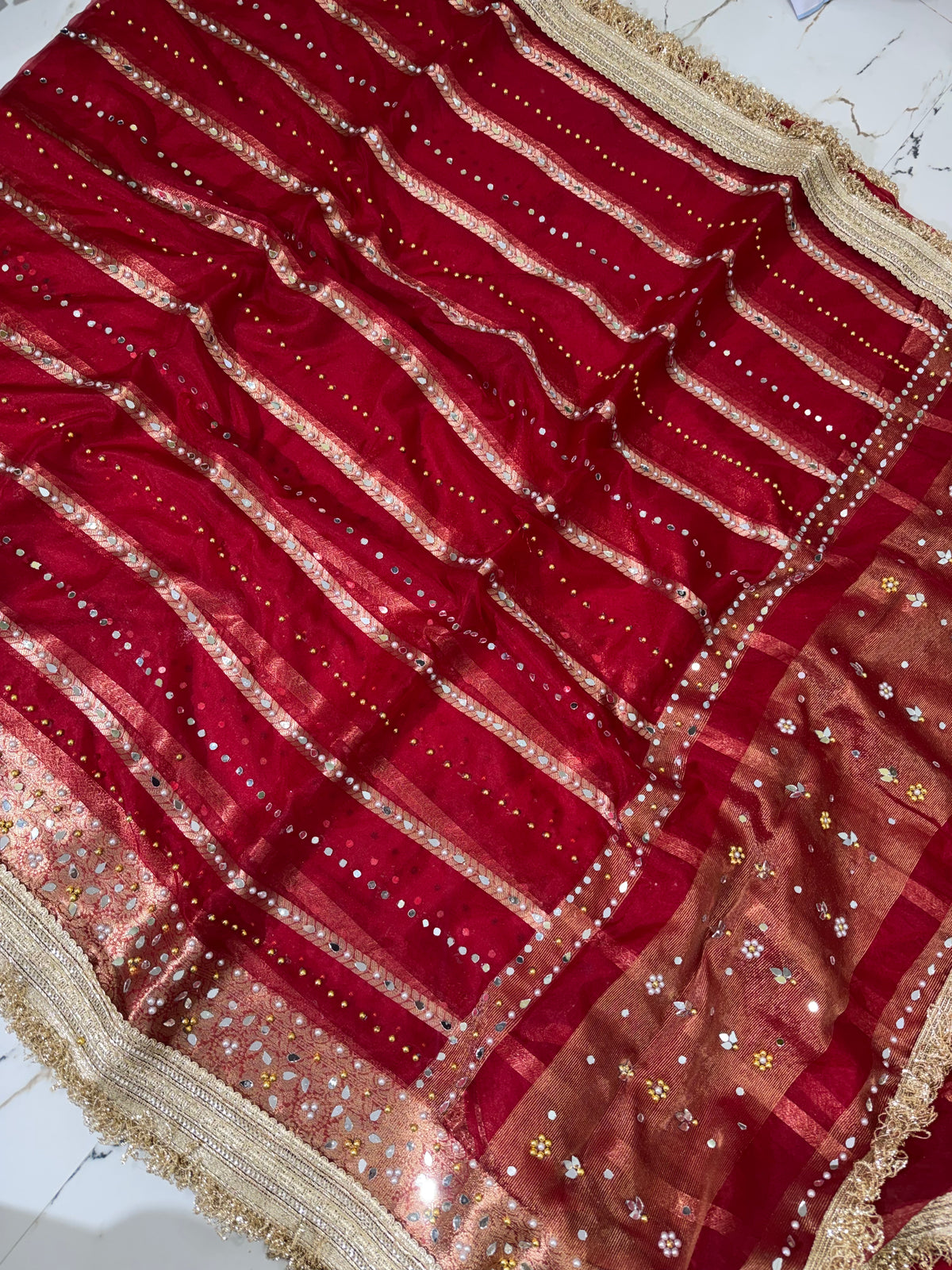 Banarasi Soft Kora Silk Saree With Mirror And Pearl Work
